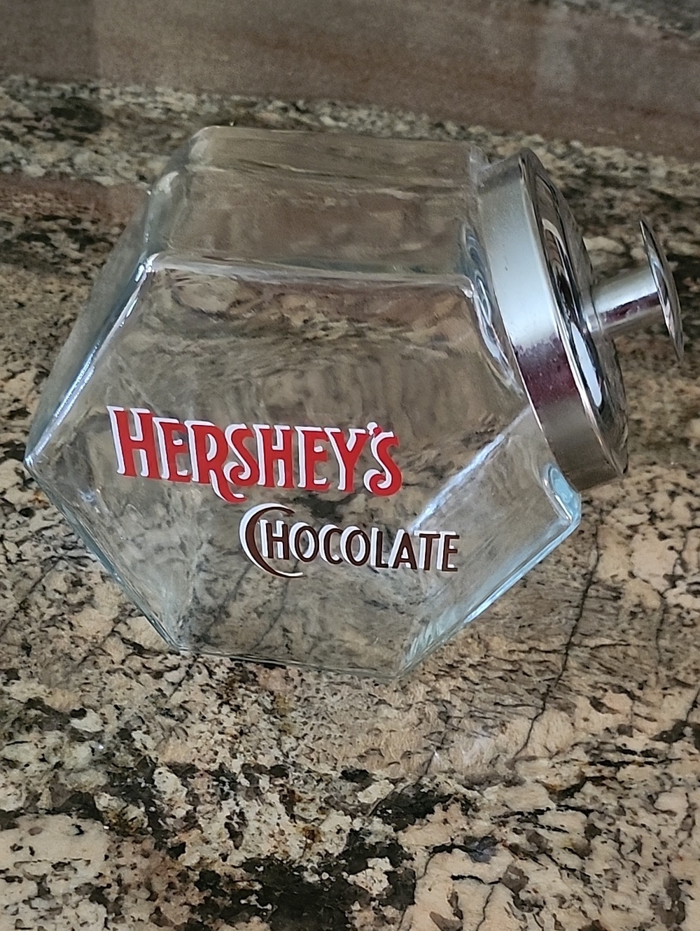 Hershey's Glass Chocolate Jar with Lid - Glass, Red/Brown Logo - Broken Lid